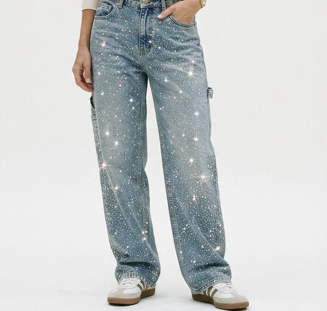 T-shirt and denim jacket rhinestone motif styles with flatback rhinestone logos and letters