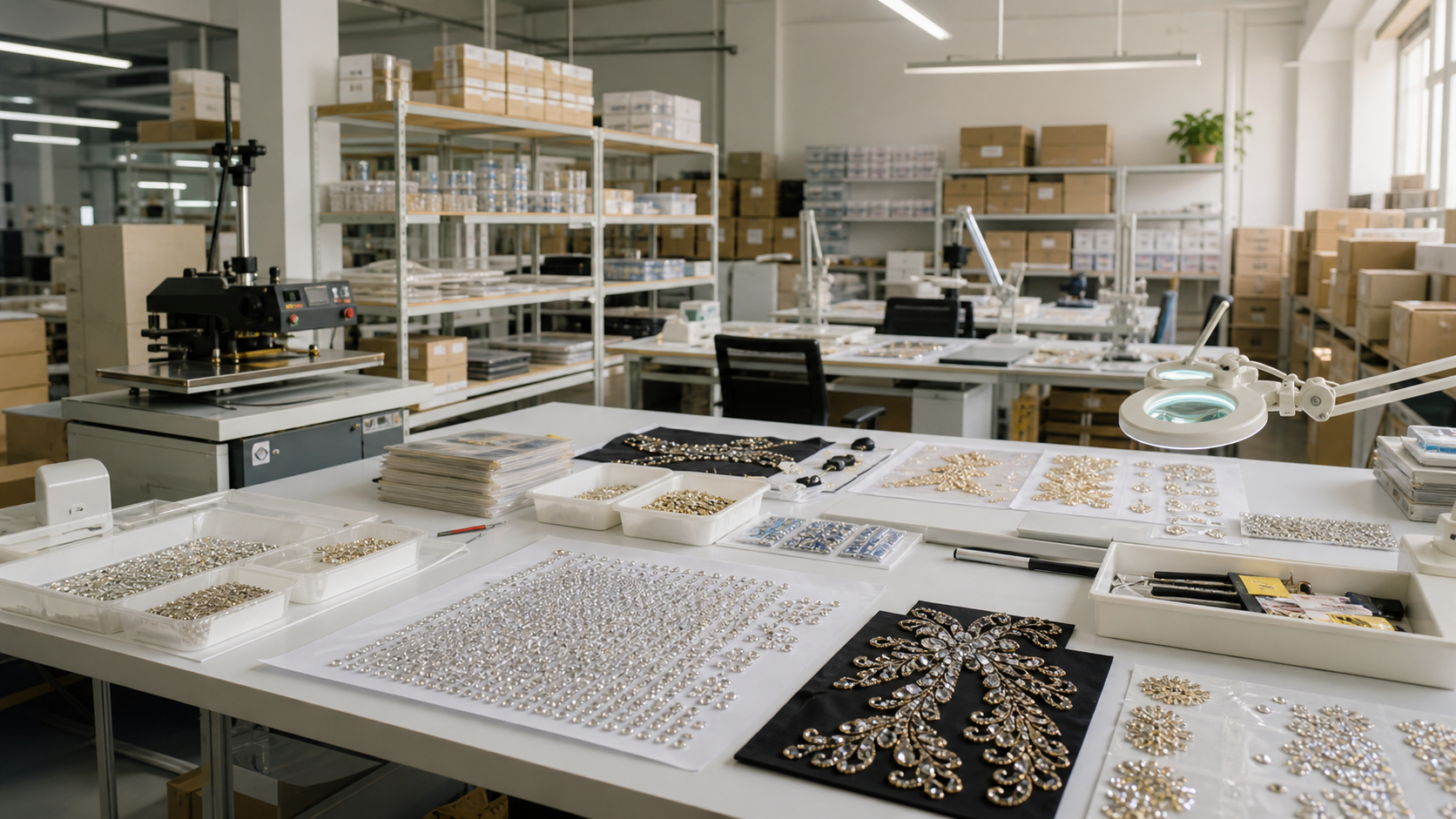 AI generated placeholder factory image for hotfix rhinestone transfer workshop and quality inspection area