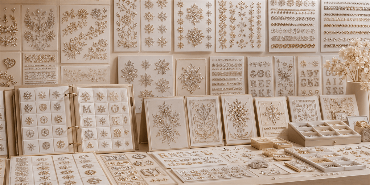 Ready sample catalog of rhinestone motif styles, lace trims and decorative applications