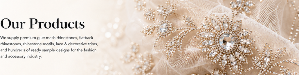 VishanLuxe finished hotfix rhinestone styles, collar appliques, lace trims, ready sample designs and custom OEM styles